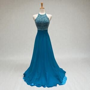 VTG Y2K Fairycore Dress Gown Sz 8 Riva Designs Blue Silk Beaded Halter Glam
